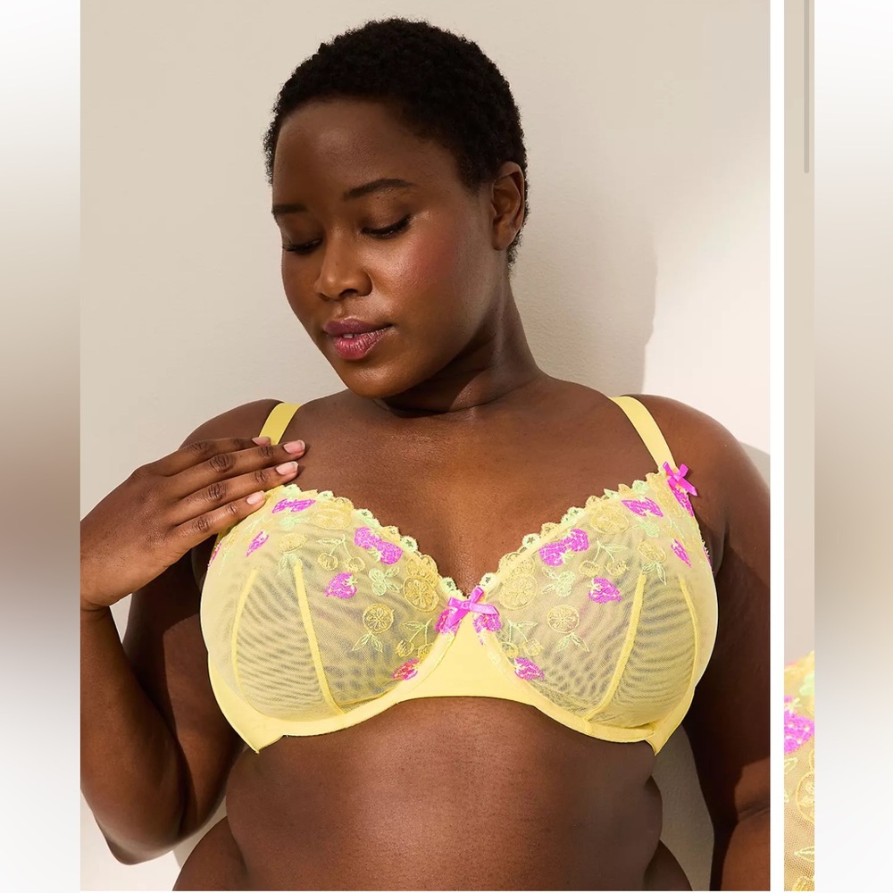 Yellow Embroidered strawberries Unlined Balconette Bra